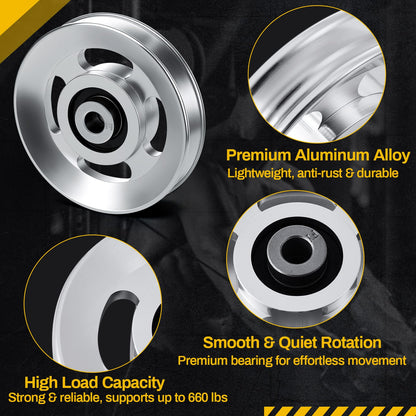 Soulchen 2/4/6/8/10/12 Pcs Aluminum Pulleys for Cable Machine Sets, 90mm Aluminum Alloy Bearing Gym Pulley Wheel for Home Gym Equipment Exercise Pulldown Attachments(Aluminium,Sliver,4 Pcs)