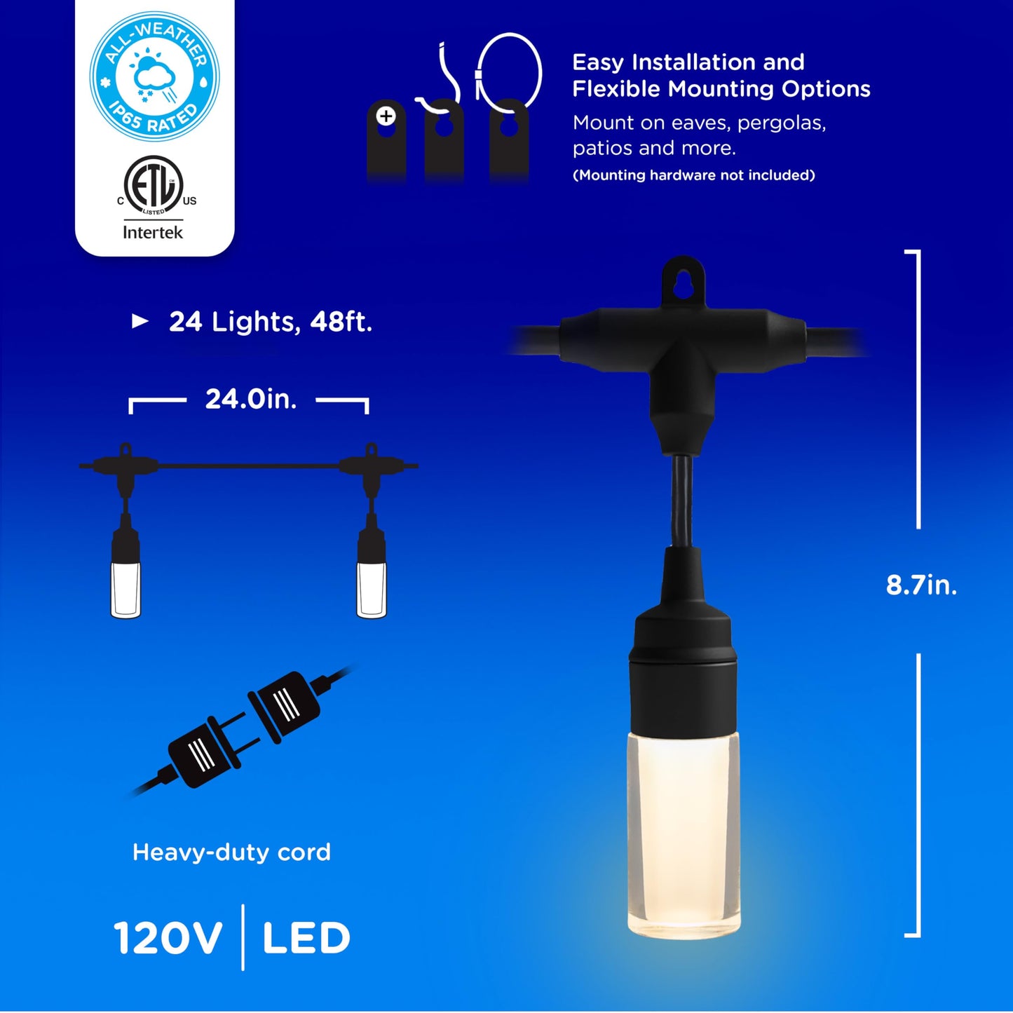 Enbrighten Modern Outdoor String Lights, 48ft, 24 Cylindrical Shatterproof Bulbs, Cool White 4000K, Weatherproof, Commercial Grade Patio Lighting, 87751