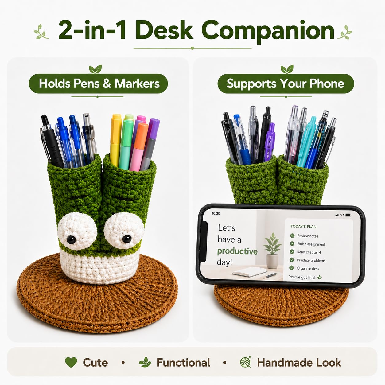 XIBIGEYE Cute Crochet Pen Holder for Desk - Handmade Green Onion Pencil Cup with Phone Stand | Funny Desk Organizer, Unique Teacher Gift, Back to School Desk Accessories for Students & Office