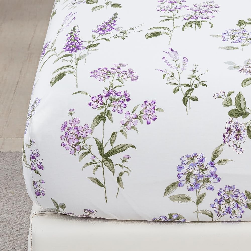 DAUAOTO Twin Size 100% Cotton Sheets Set, Printed Bedding, Up to 14" Deep Mattress, Velvet Purple Floral Pattern Bedlinen, Provence Lavender