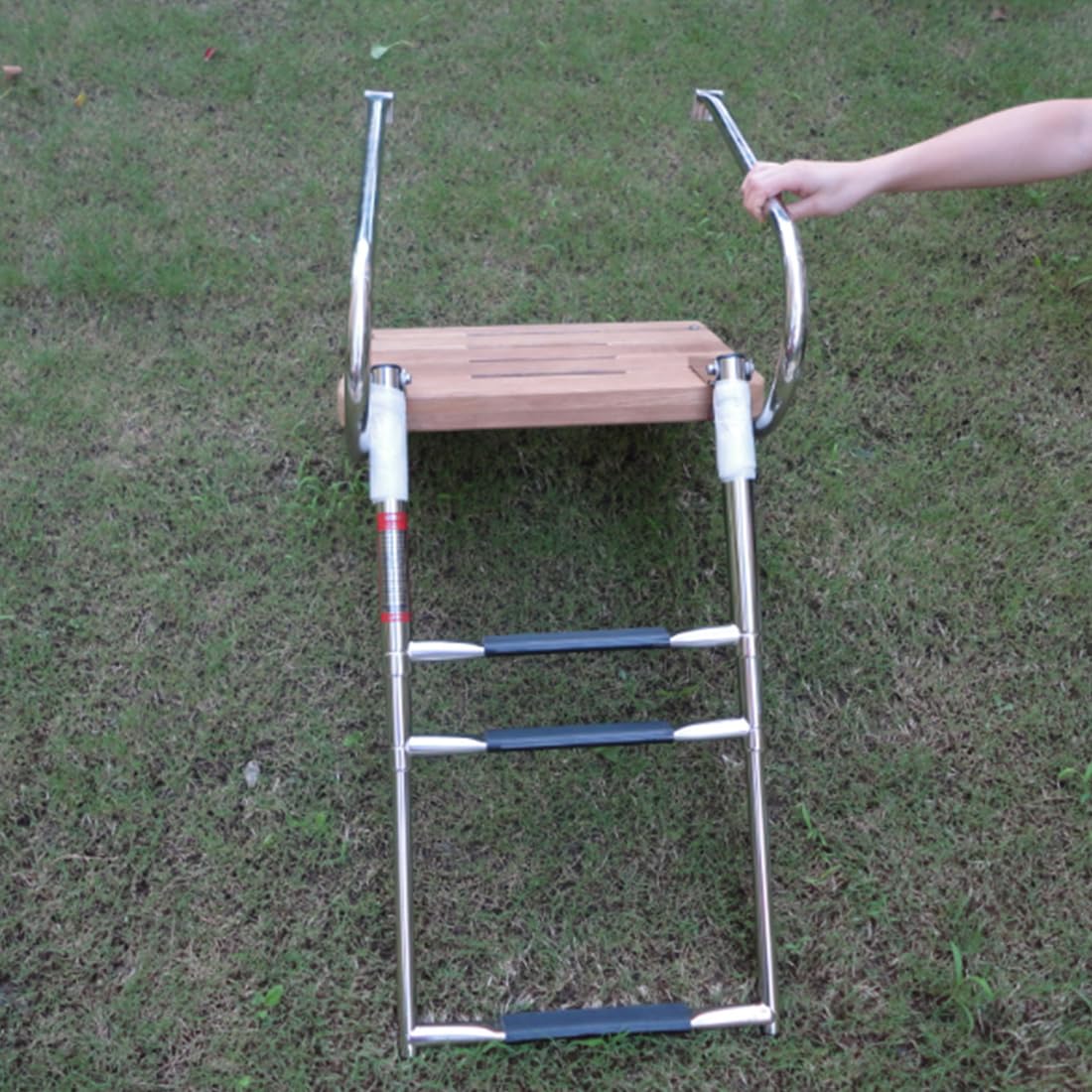 Telescoping 3-Step Swim Platform Ladder with Dual Handrails, Teak Stainless Steel Boat Boarding Ladder