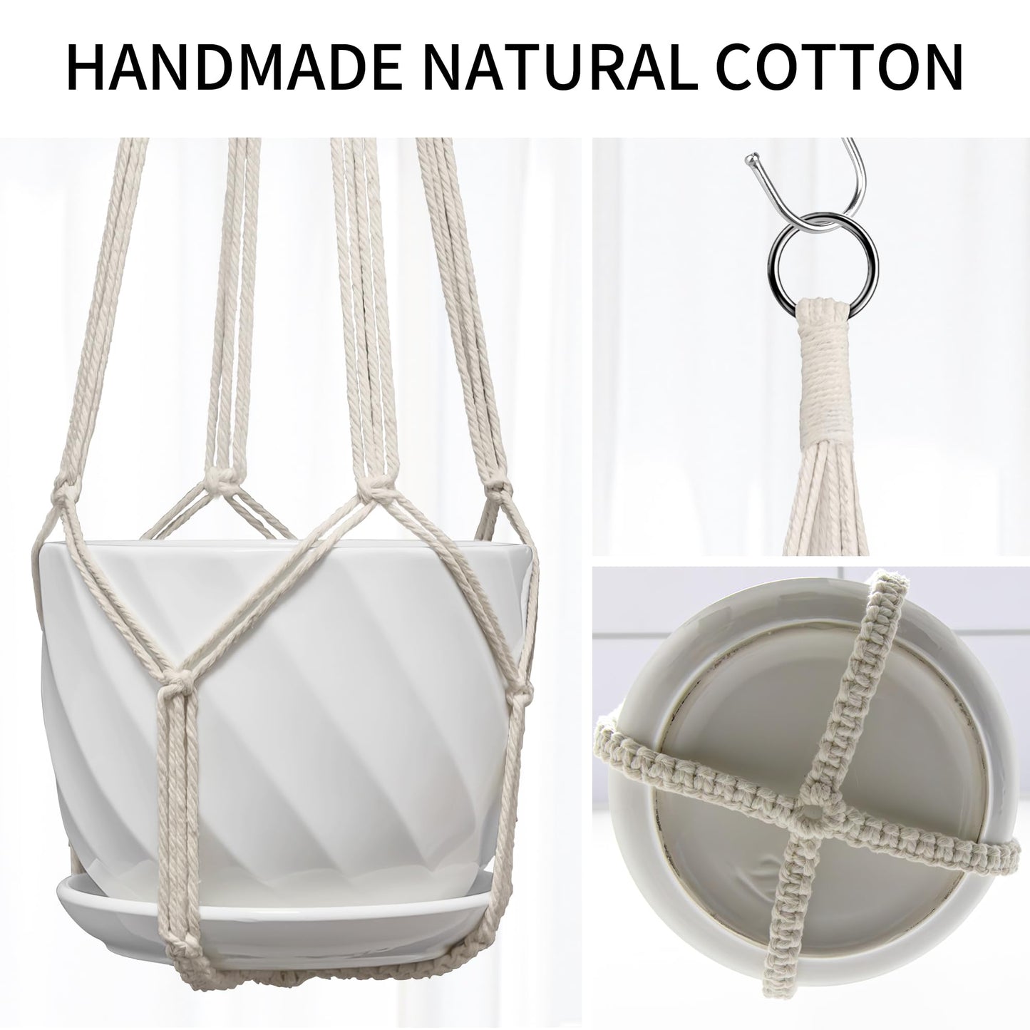 IDEEEPAN Macrame Plant Hanger, Fits 4-13 Inch Pots, Boho Hanging Plant Holder for Indoor Outdoor, 35 Inch, Set of 3, White (No Flowerpot)