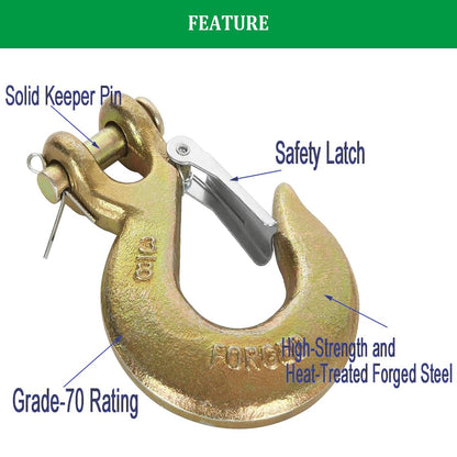 Ailengy 2 Pack Slip Hook, Heavy Duty Safety Latch Hook 3/8'', G70 Forged Steel 18,000 Lbs Capacity Tow Chain Clevis Grab Hook Working with Towing and Chain for Trailer Truck Transport Tow Chain Hook