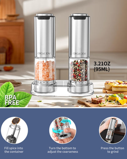 CIRCLE JOY Rechargeable Electric Salt and Pepper Grinder Set with Base, Stainless Steel Pepper Mills with Washable 95ml Container, White LED Light and External Adjustable Coarseness, Silver