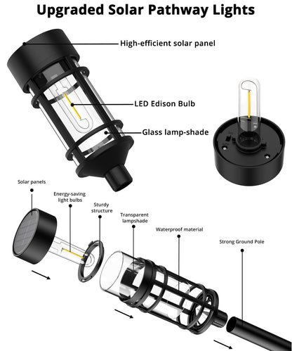 ILANCK 8 Pack Solar Pathway Lights Outdoor, Waterproof Solar Lights Outdoor with Metal & Glass Design - Auto On/Off, Long-Lasting, Landscape Lighting for Garden, Yard, Lawn, Driveway, Walkway