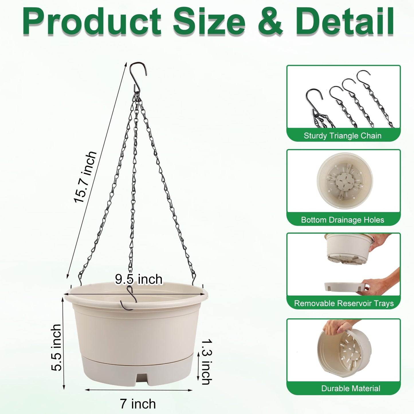 Svxtoby 10 Inch Hanging Planters for Indoor Plants, 4 Pack Plastic Hanging Baskets with Removable Trays & 15.7" Chain, Outdoor Hanging Plant Pot for Home Garden Porch Balcony Patio Decor (Beige)