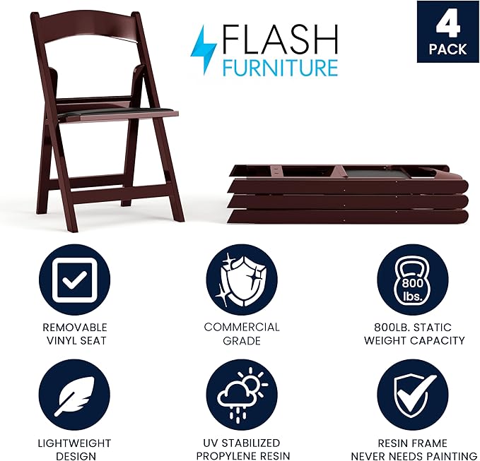 Flash Furniture Hercules Series Folding Chairs for Weddings and Formal Events, Stackable Commercial Event Seats with 1,000-lb. Static Weight Capacity, Set of 4, Red Mahogany
