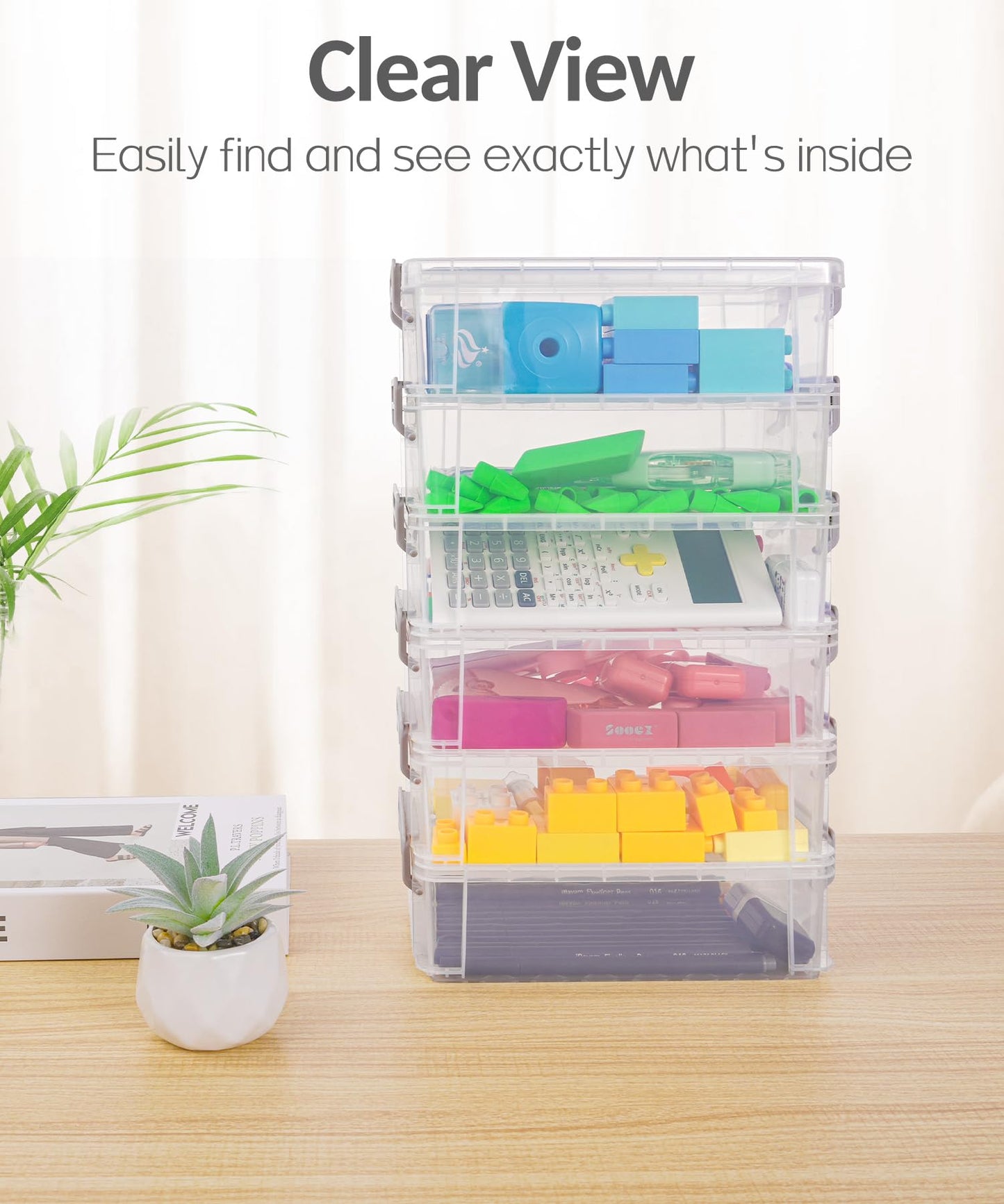 Sooez 6 Pack Extra Large Pencil Box, Plastic Hard Pencil Case Crayon Box Bulk, Clear Marker Organizer Plastic Containers with Lid, Stackable Storage Boxes for Art Craft, Back to School Supplies, Multi