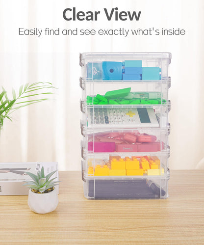 Sooez 6 Pack Extra Large Pencil Box, Plastic Hard Pencil Case Crayon Box Bulk, Clear Marker Organizer Plastic Containers with Lid, Stackable Storage Boxes for Art Craft, Back to School Supplies, Multi