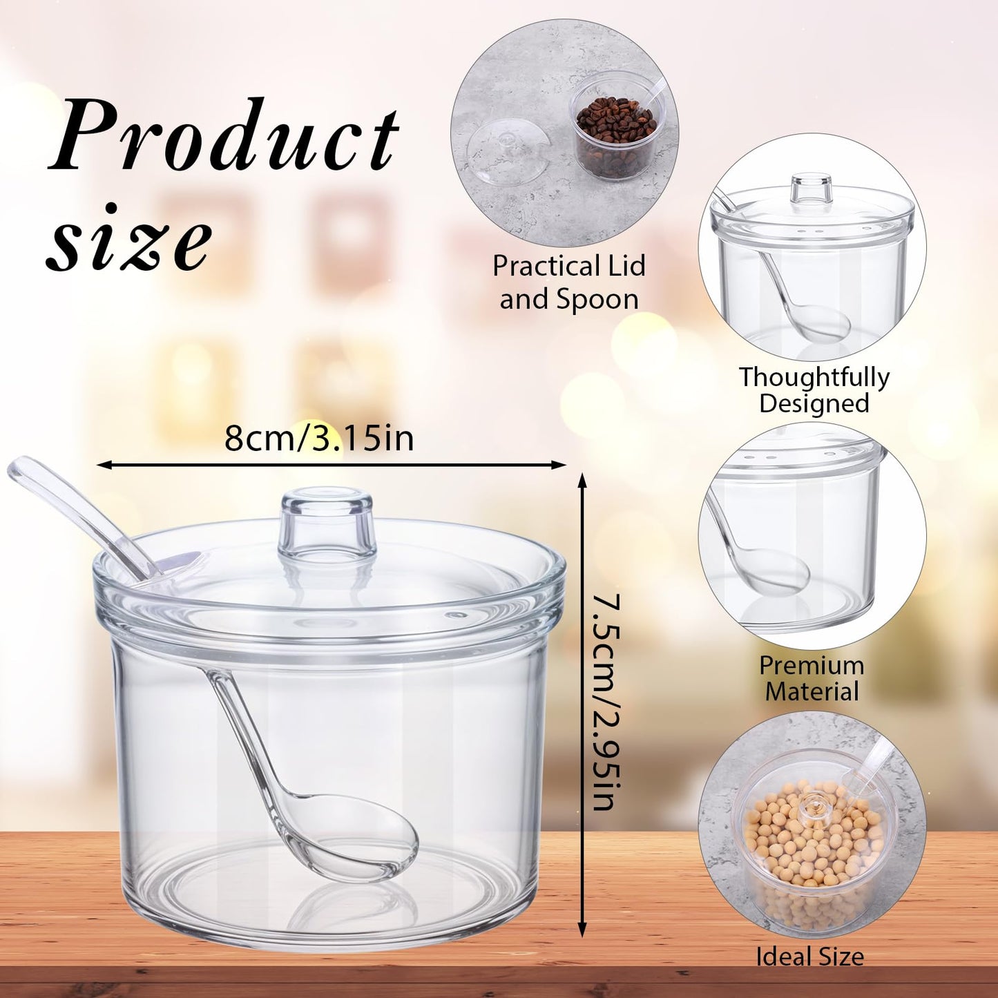 Limbeuuu 12 Pieces Acrylic Sugar Containers with Lids and Spoons for Countertop, Clear Sugar Holder Dispenser Salt Bowl for Serving Condiment Candy Coffee Tea Spices (7.1 oz)