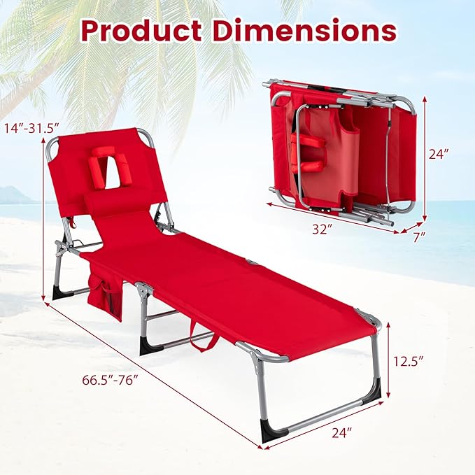 Goplus Tanning Chair, Folding Adjustable Patio Lounger w/Face Arm Holes