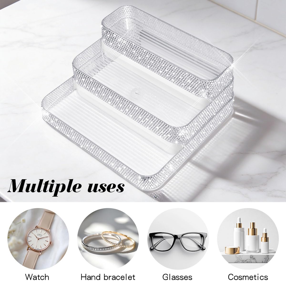 Mifoneix Bling Perfume Organizer Three-Tiered Shelf, Sparkle Perfume Lotion Skincare Stand, Shiny Spice Vitamins Bottles Holder, Glitter Sturdy Rack for Bathroom Countertop Cabinet Storage