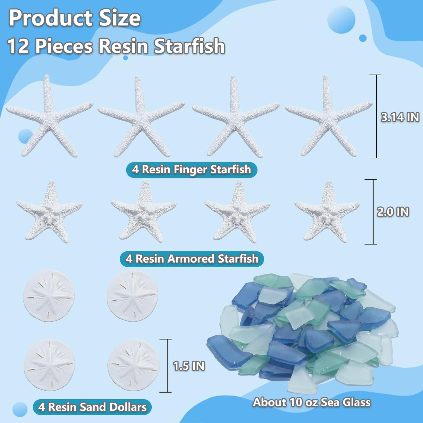 QYGL 12 Resin Starfish & 10oz Sea Glass Decor - Frosted Seaglass Pieces & Starfish Sand Dollar for DIY Crafts, Beach Weddings, Vase Filler, and Home Decor Ornaments (Blue, Aqua Green, White)