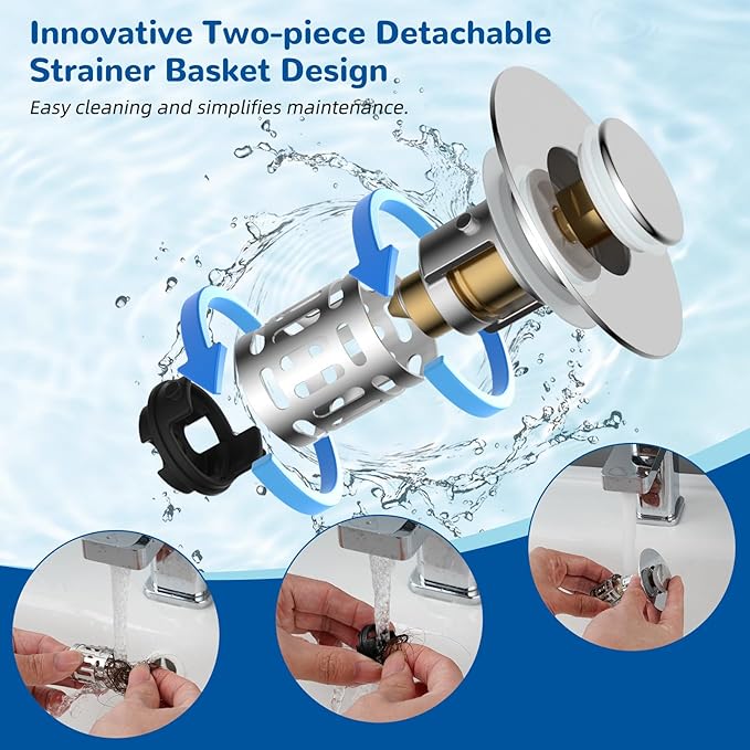 Hibbent 3 Pack Upgraded 3 in 1 Bathroom Sink Drain Strainer, Universal Pop Up