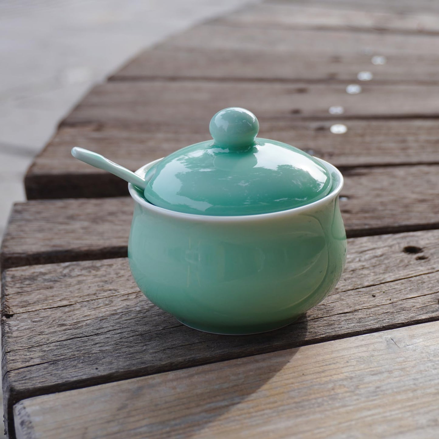 Tingyework Porcelain Salt Cellar with Lid and Spoon, 4.4 oz Salt Container Sugar Bowl for Spice & Seasonings, Elegant Kitchen Counter Decor, Chinese Celadon (Light Green)