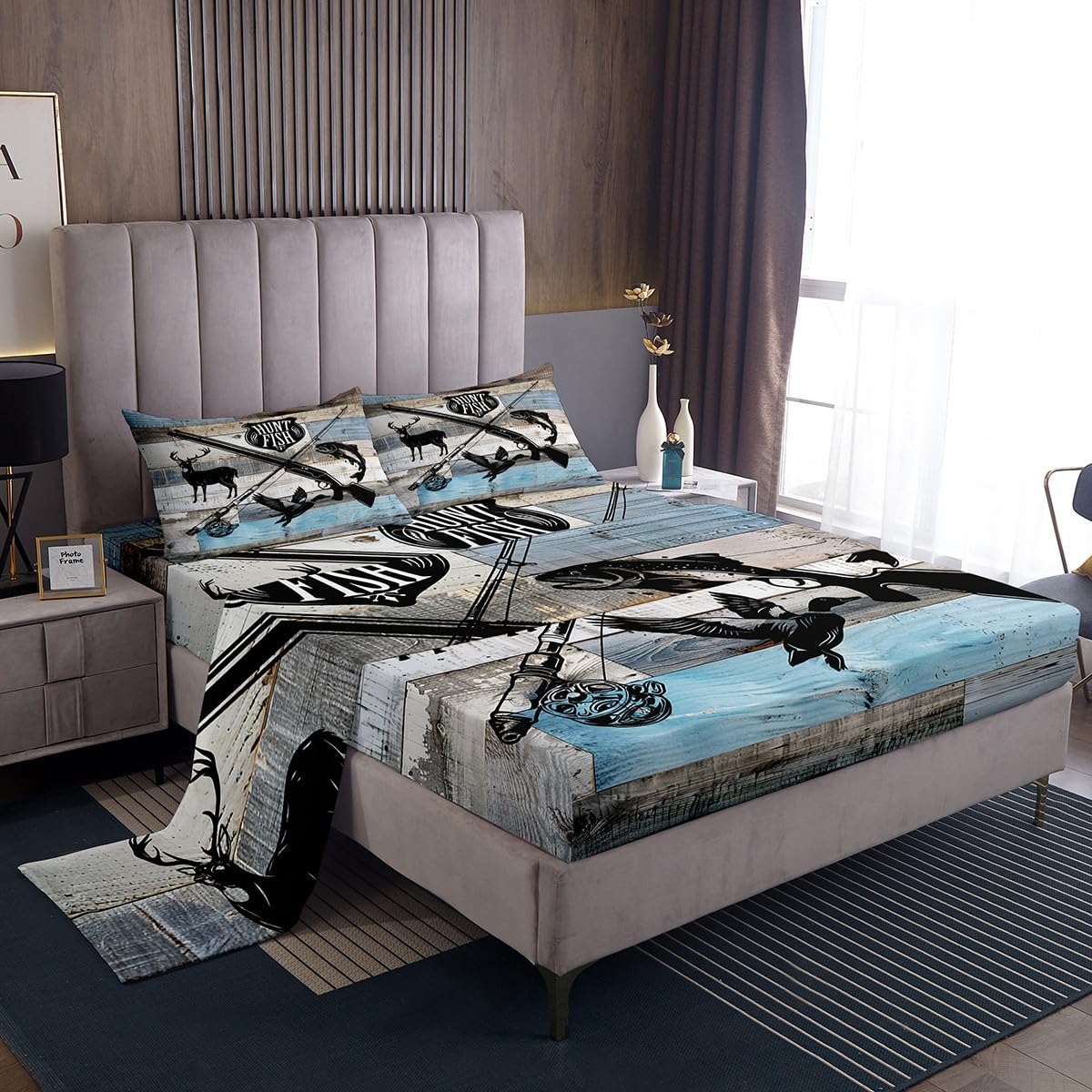 Castle Fairy Kids Hunt Fish Bed Sheets King Size,Deer Bird Fish Animal Hunting,Quality Brushed Microfiber Luxury Bedding SetRustic Retro Wooden Board with 1 Flat,1 Fitted Sheet,2 Pillowcases