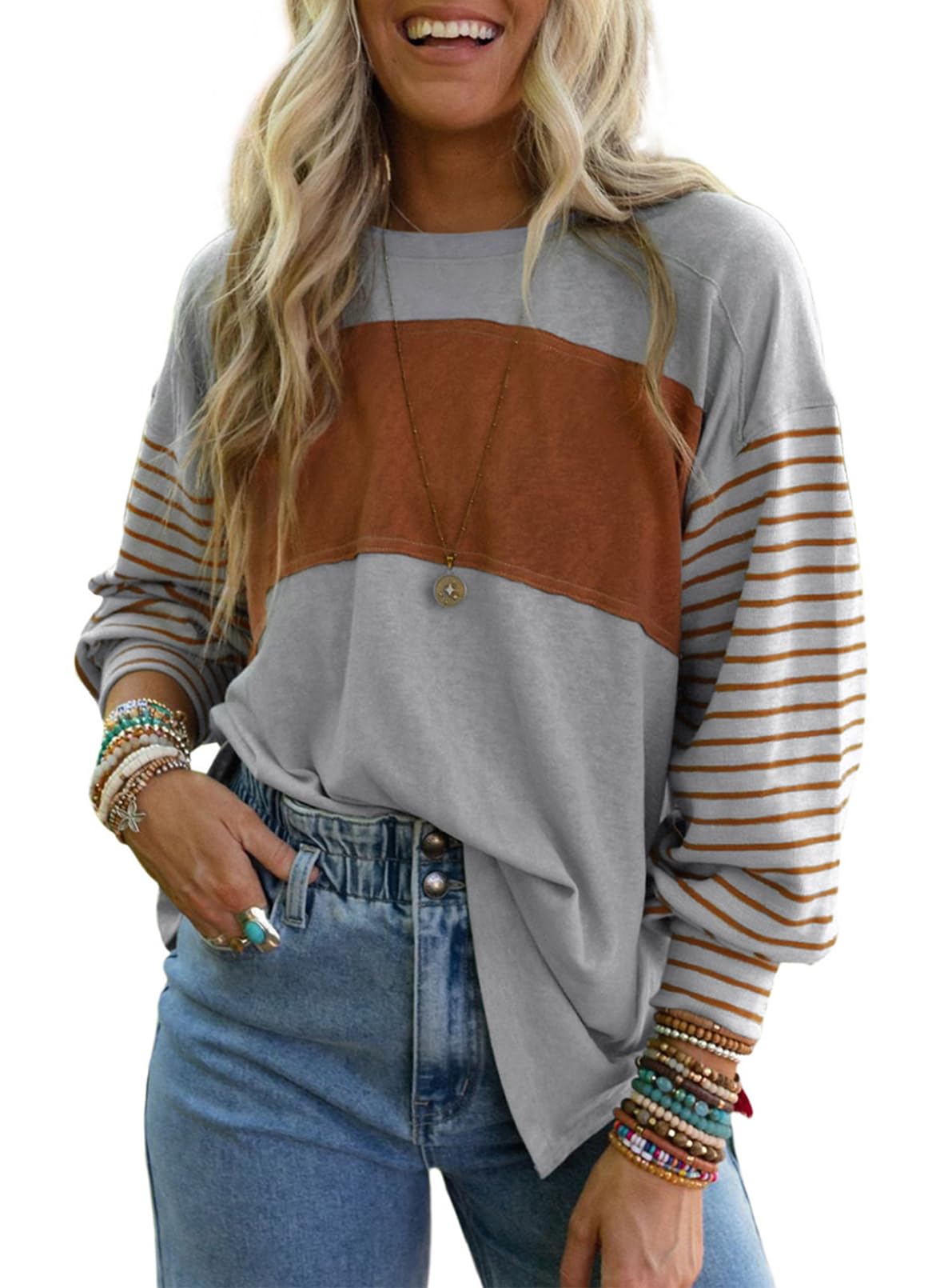 Dokotoo Long Sleeve Tops Oversized 2025 Trendy Round Crew Neck Casual Color Block Womens Shirts Blouses