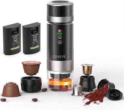 OMEYE Portable Espresso Maker for Camping Travel Office – 20 Bar Self-Heating Cordless Coffee Machine, LED Display, Dual 7500mAh Battery, USB-C, Compatible with Small/Large Capsules & Ground Coffee