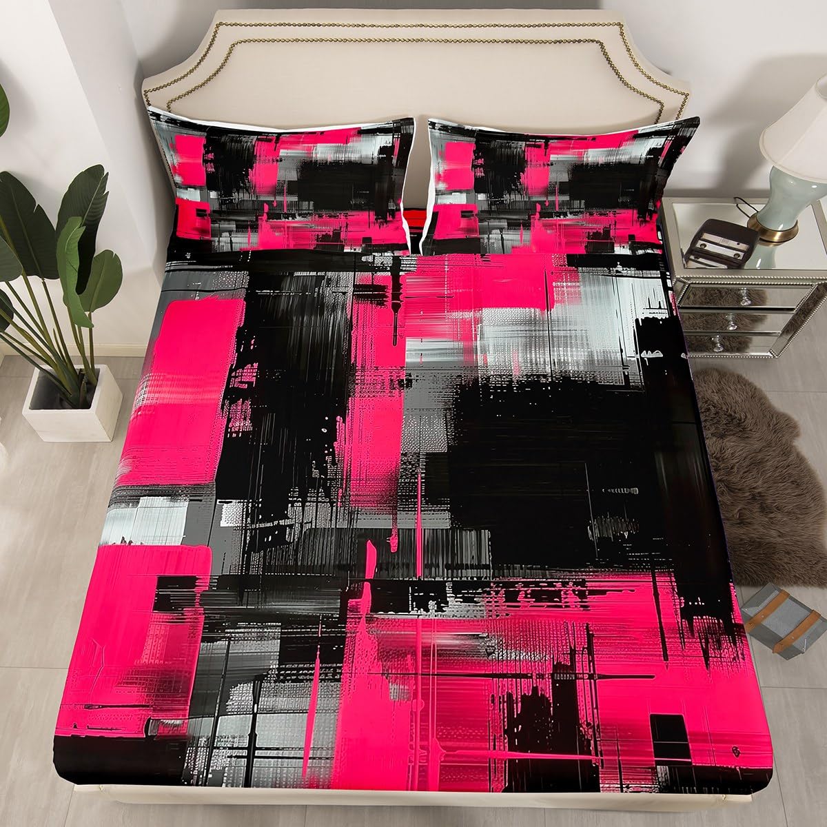 jejeloiu Abstract Fitted Sheet Twin Size for Kids Boys Girls Black and Pink Bed Sheets Set 16" Deep Pocket Soft Breathable Microfiber Art Aesthetic Bedding with 1 Pillowcase Geometric Room Decor