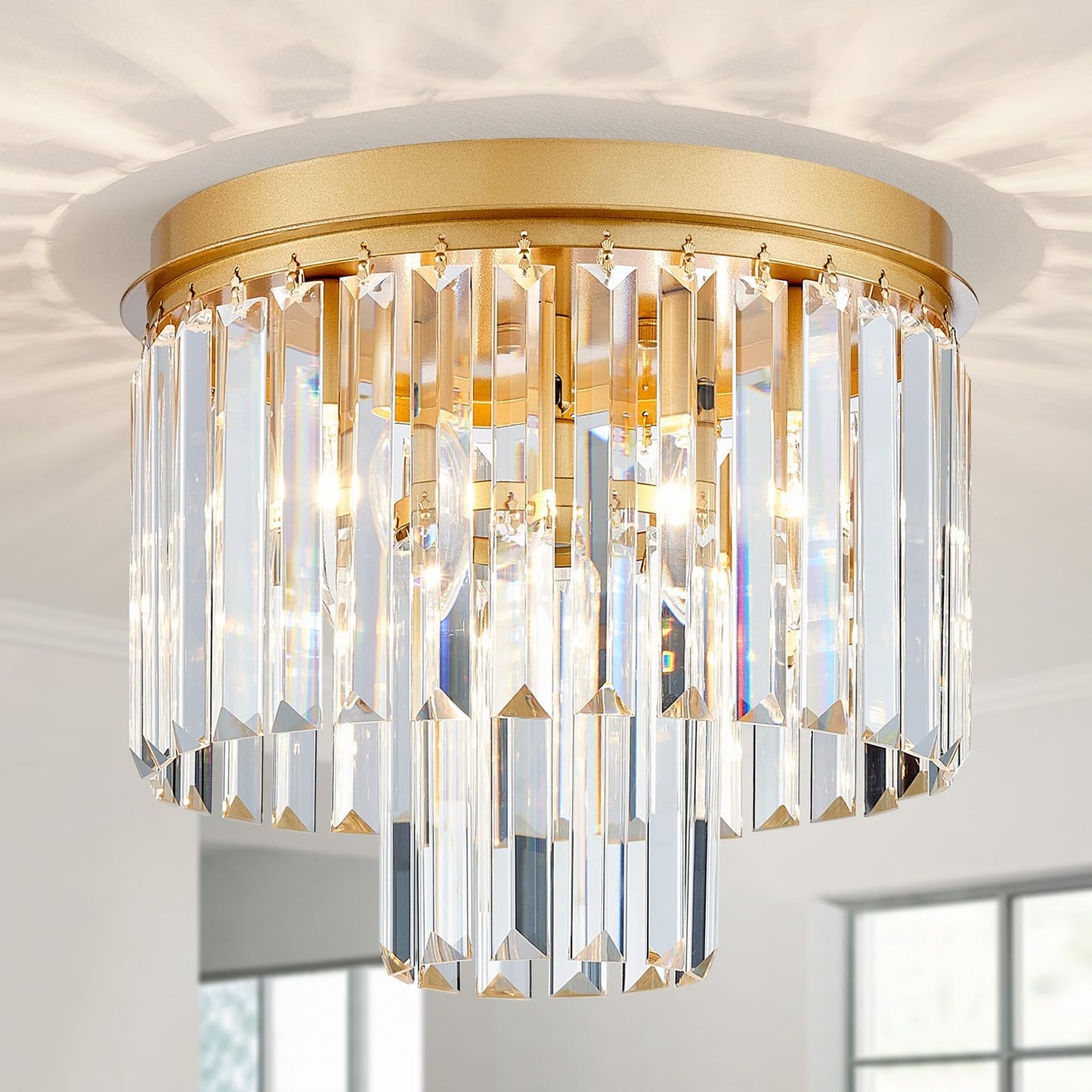ElegLumi Crystal Ceiling Light, 3-Light Modern Flush Mount Ceiling Light Fixture for Living Room, Dinning Room, Hallway, D12 x H13inch, Brass Finish Frame & K9 Crystal