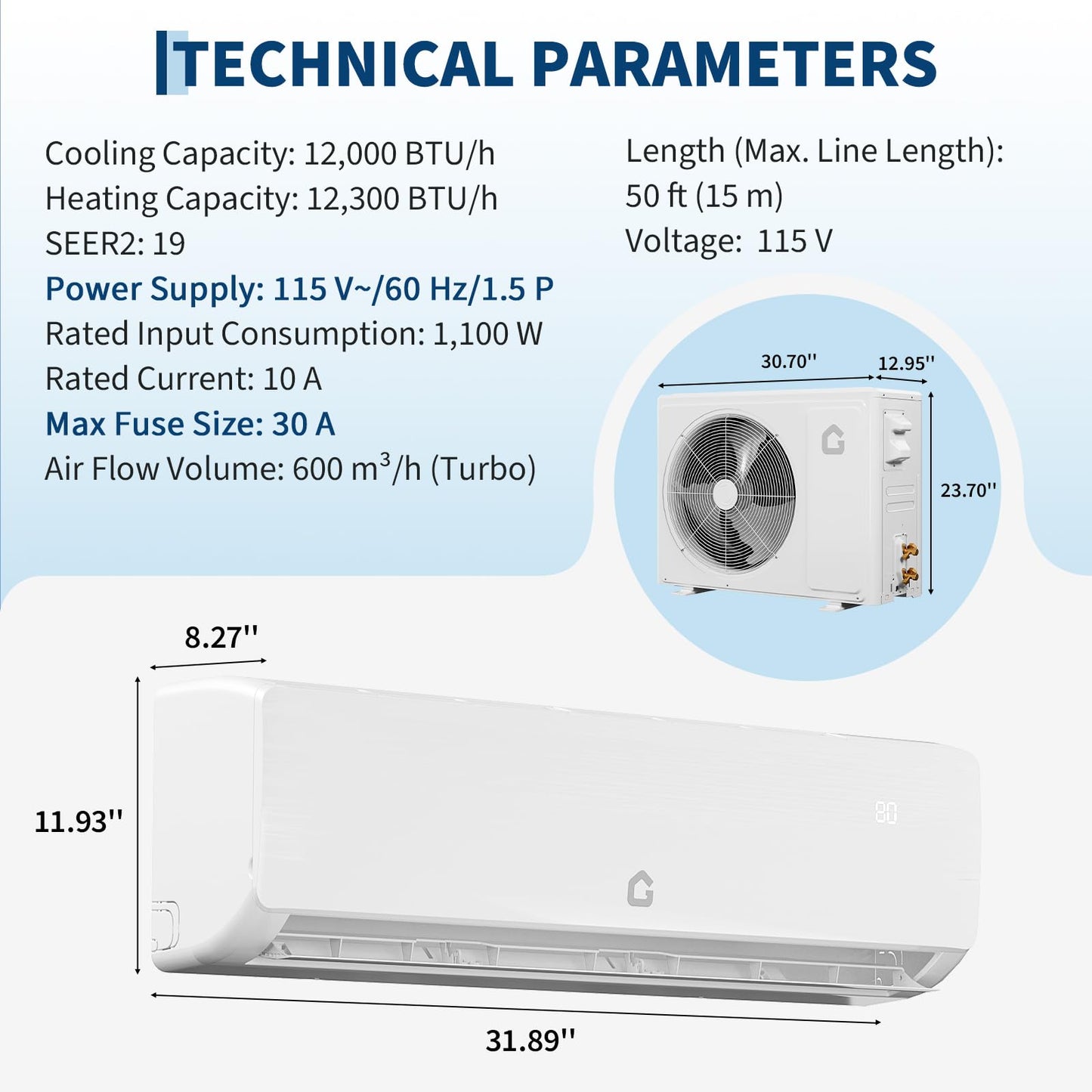 Air Conditioner Split Unit, 12,000 BTU All-Seasonal AC, SEER2 19, 230V, Sleep Mode, Auto Shut-Off, Timer Function, Energy Star Certificated, for Room Up 750 sq ft