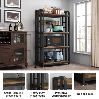 SIREDEEP Bakers Rack with Power Outlet ，4-Tier Kitchen Baker's Rack,Microwave Stand with Storage Suitable for Kitchen, Living Room, Dinning Room，Coffee Bar(Rustic Brown)