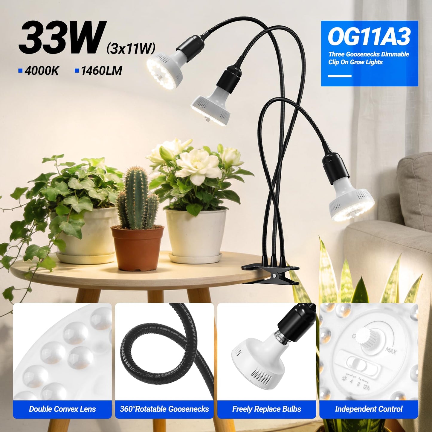 Barrina Orbgrow OG11A3 Clip On Grow Lights for Indoor Plants, Integrated Stepless Dimming & Timing, 4000K 33W(3 x 11W, 300 Watt Equiv), Full Spectrum 3-Gooseneck with E26 Plant Light Bulbs