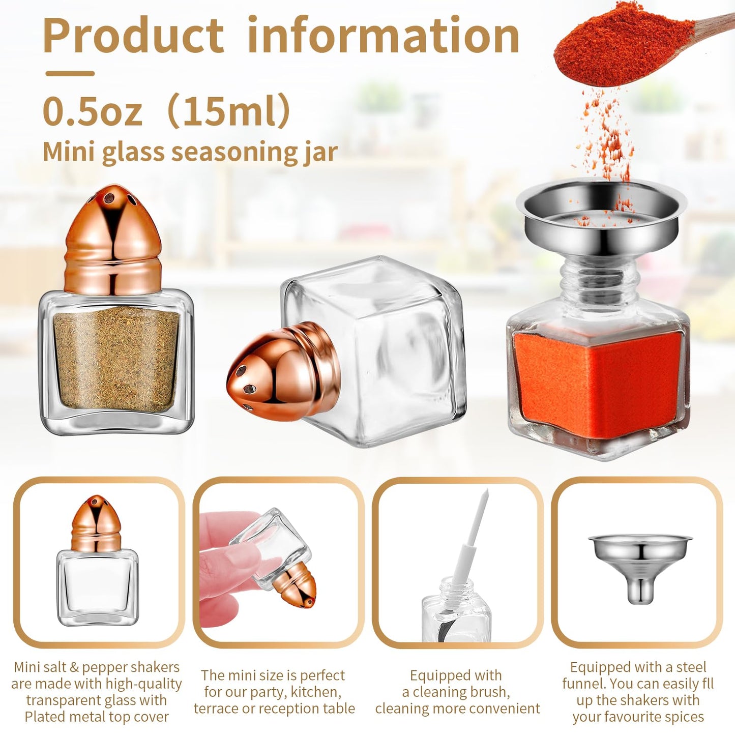 12 Pcs 0.5 oz Cube Shape Small Salt and Pepper Shakers Clear Mini Glass Seasoning Jars Spice Salt Shakers with Funnel and Storage Rack for Wedding Party Restaurant Home Kitchen (Rose Gold)