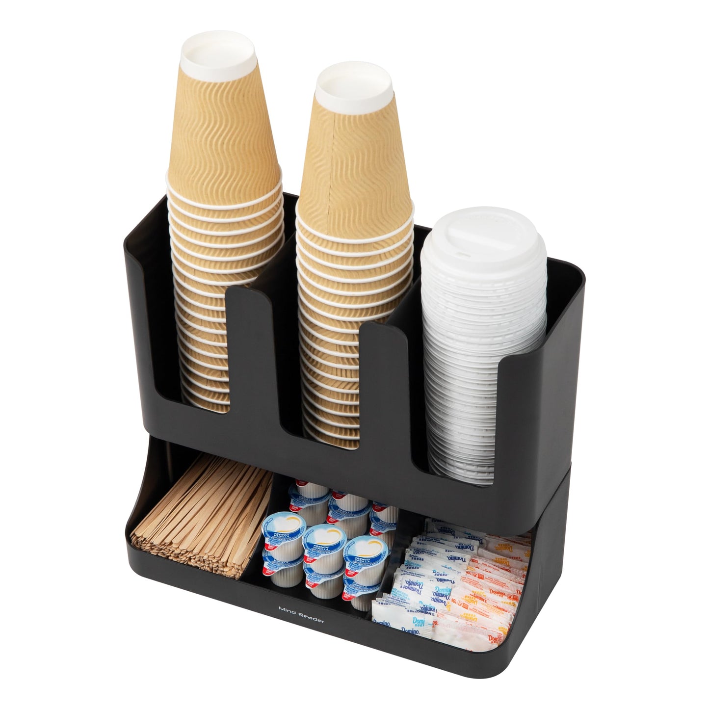 Mind Reader Condiment Station, 13 Inch Countertop Coffee Bar Organizer with 6 Compartments, Storage Caddy for Cups, Lids and Packets, Plastic, Black