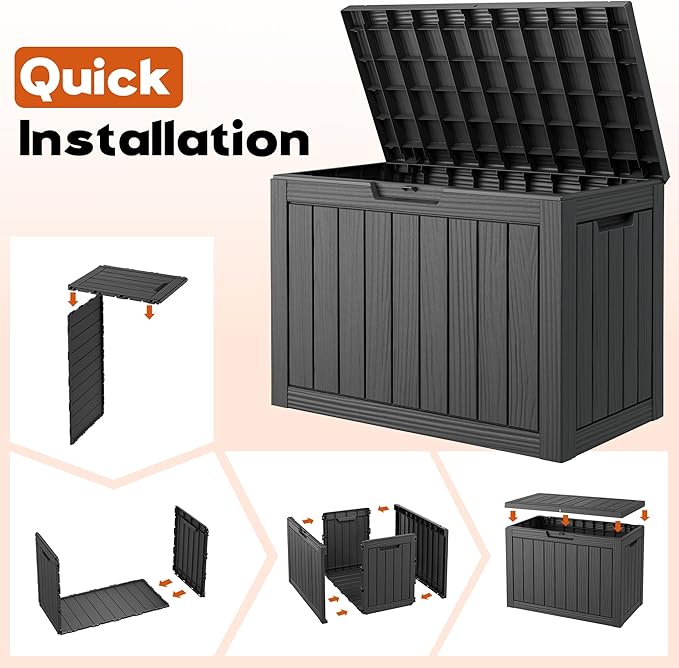 Outdoor Storage Box, Resin Deck Boxes Indoor and outdoor, Waterproof Storage Box Lockable Lid (Black, 45 Gallon)