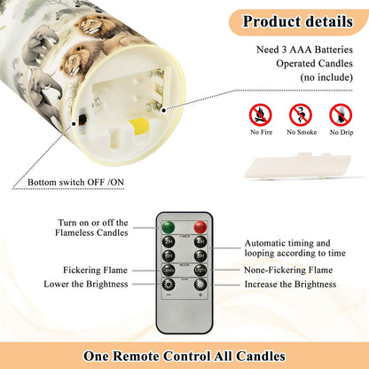 Gravopti Safari Animals 2 Pack Flameless LED Pillar Candles with Remote & Timer, Battery Operated, Flickering Wax Candle for Wedding, Romantic Home & Party Decor