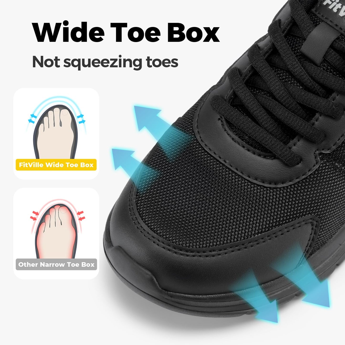 FitVille Mens Extra Wide Fitting Trainers Lightweight Breathable Walking Sneakers Comfortable Shoes for Plantar Fasciitis Wide Feet Jet Black