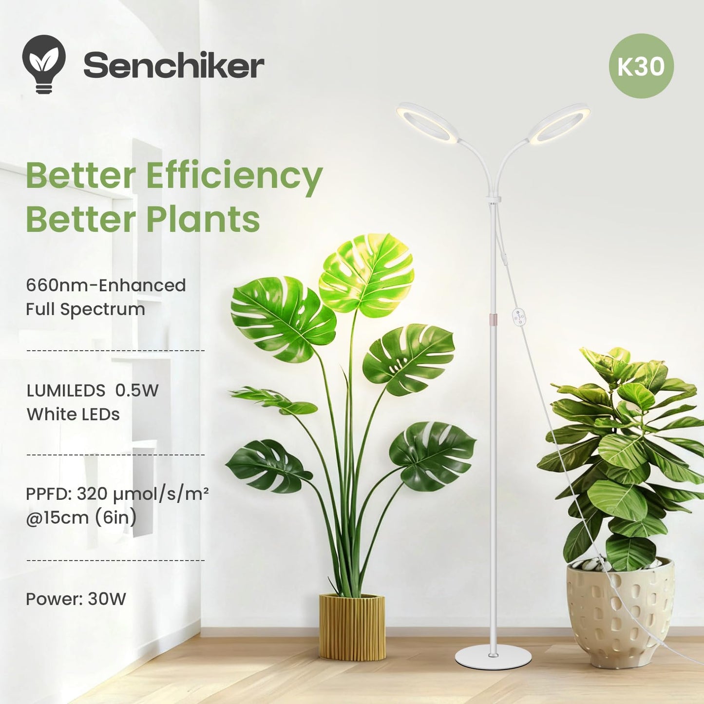 Large Plant Lights for Indoor Growing 24V, 660nm-Enhanced Full Spectrum, LUMILEDS LED Grow Light, 2×6.3in Grow lamp with Timer & Dimming, Adjustable Height 22-70in, 30W, 320μmol/s/m²@6in, K30-W