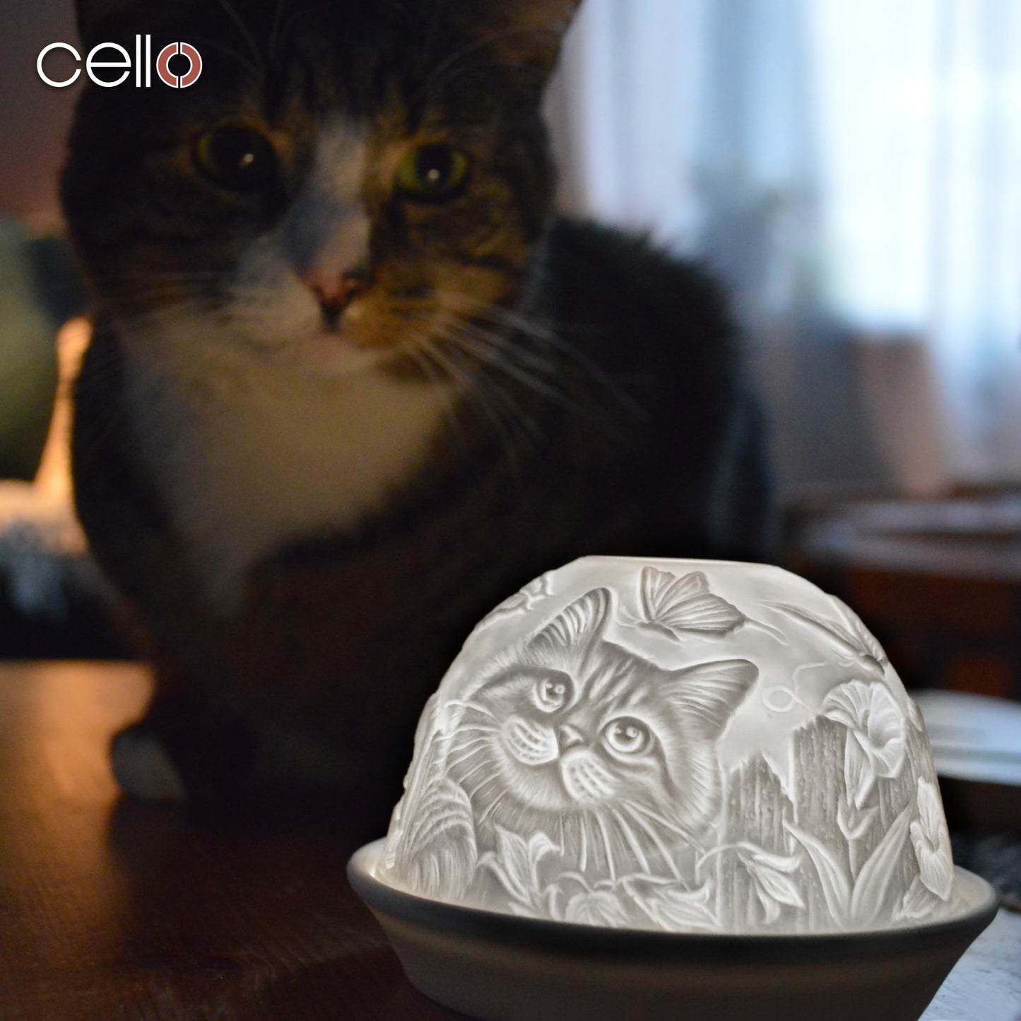 Cello Porcelain Tealight Holder Dome - Cat Design Design with 3D Projection Image & Message Scented Unscented LED Candle Wax Warmer Animal Lovers Nature Gifts Ornament Home for Women Mom Easter