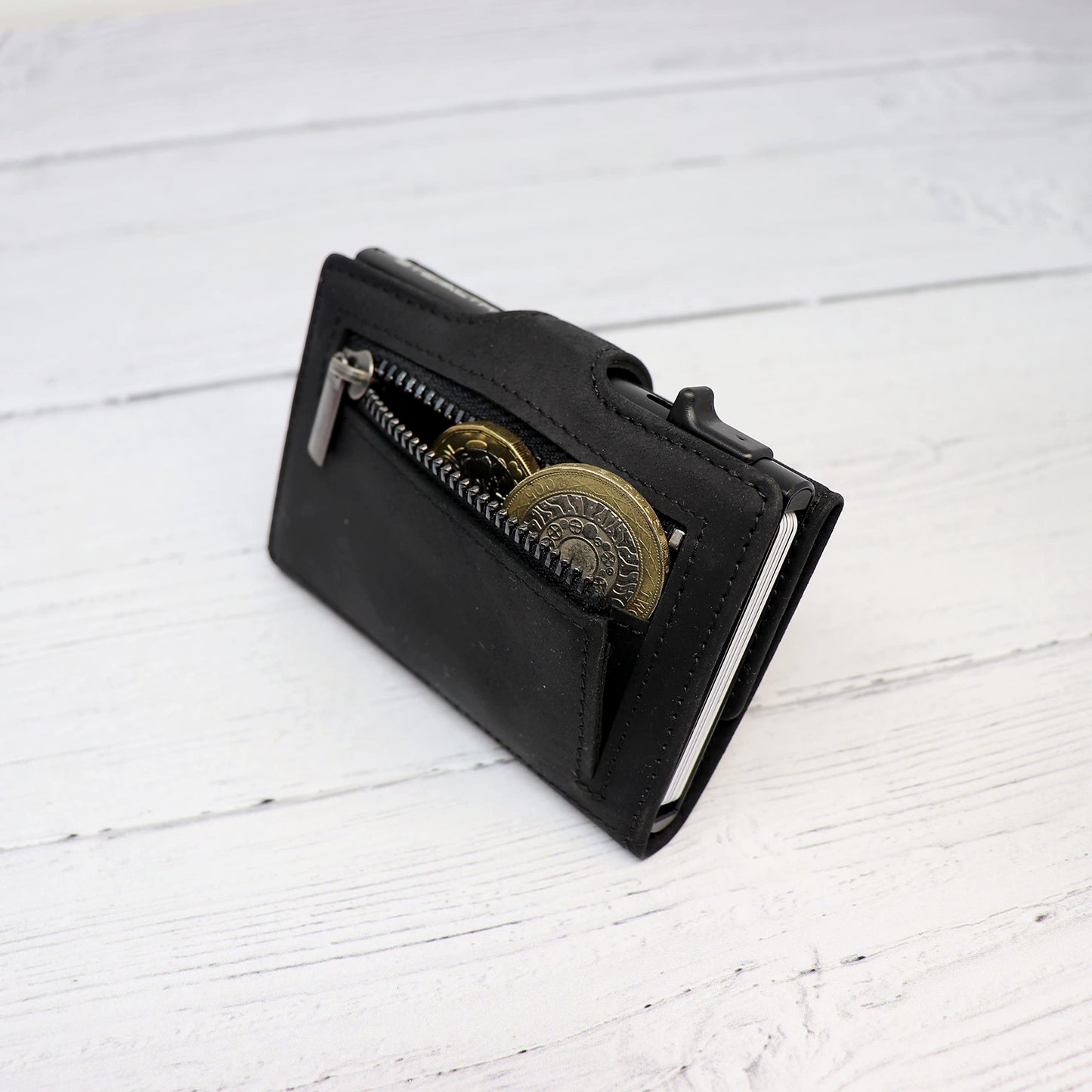 Stealth Wallet - Smart Minimalist Card Holders - RFID/NFC Blocking Pop Up Wallets with Gift Box - Credit Cards Holder & Contactless Protection (Black with Black Crazy Horse Leather and Coin Pocket)