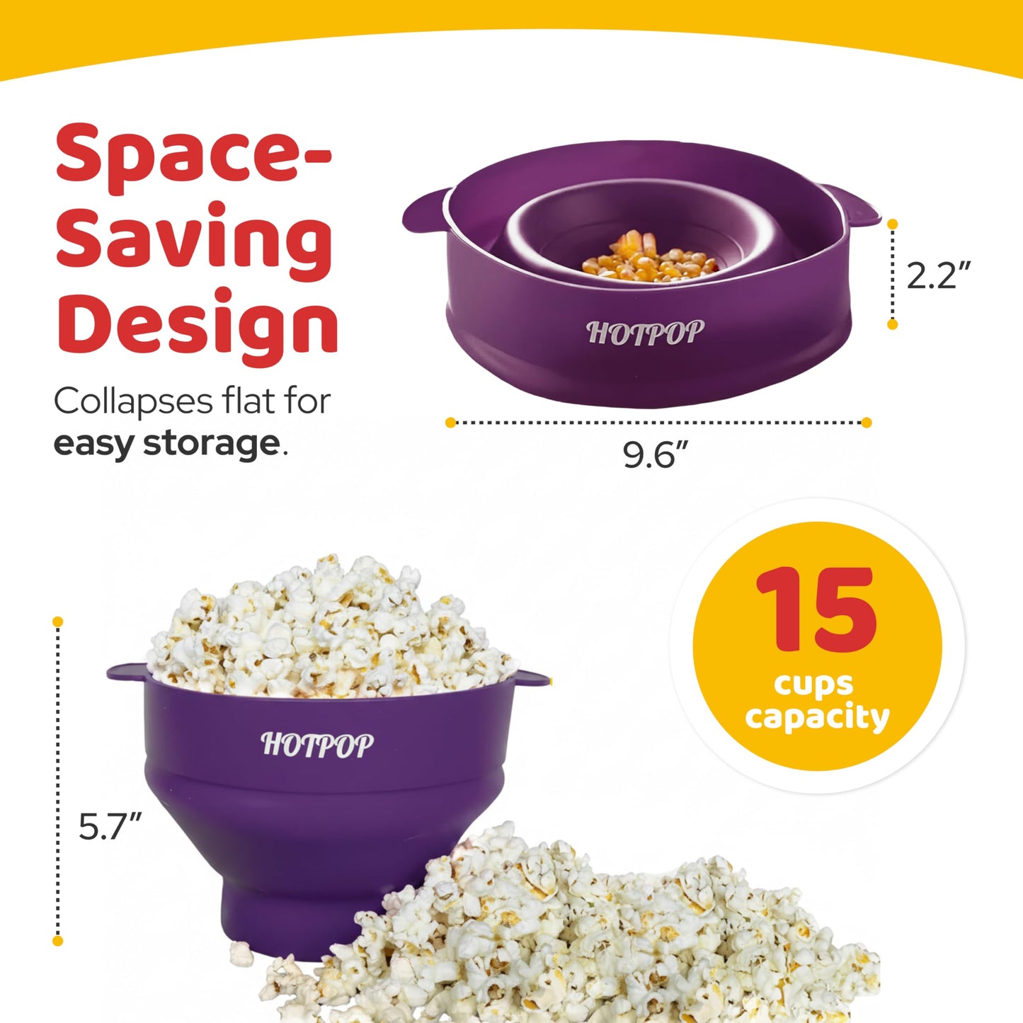 The Orginal HotPop Silicone Popcorn Maker - Microwave Popcorn Popper with Handles - Collapsible Bowl, Heat-Resistant, Easy to Clean, Ideal for Family Movie Nights, 15-Cup Capacity - Red