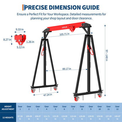 Adjustable Gantry Crane with Manual Trolley, Hook and Sling Strap, 2 Ton 4400 LBS Capacity, Portable Gantry Crane Height Adjustable 97" to 141" with 12 Positions, for Factories, Warehouses, Constructi