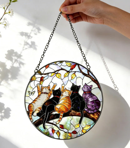 NGOKPYD Cat Stained Glass Window Hanging - 5 Happy Kittens on a Branch Suncatcher for Window Doors Home Decoration and Christmas, Mother's Day Birthday Gifts for Women Men Mom 6.3x6.3 inch