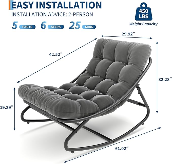 IDEALHOUSE Outdoor Rocking Chair with Metal Frame, Adjustable Papasan Rocker, Waterproof Comfy Cushion, 450lbs Capacity, for Patio, Porch, Garden, Living Room, Dark Grey