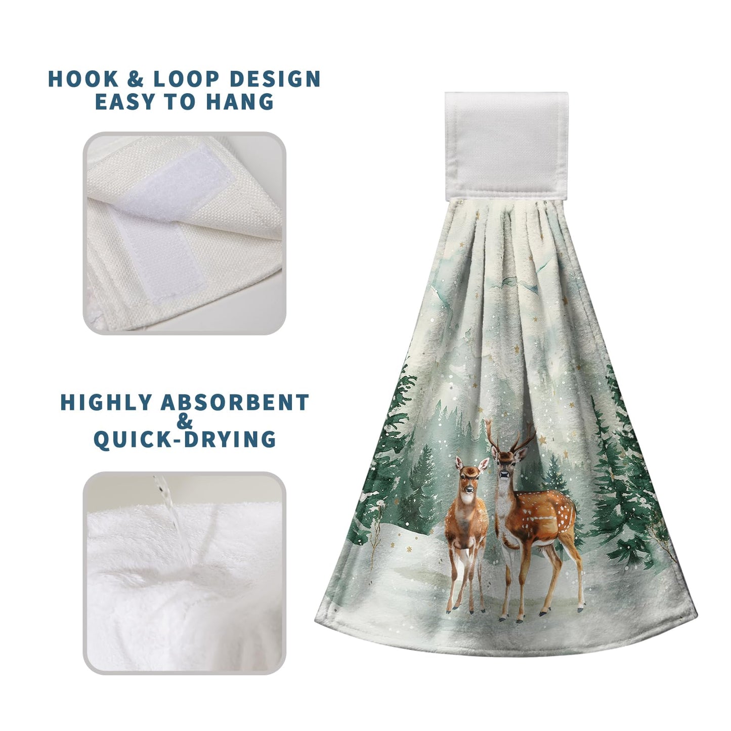 Rustic Farmhouse Winter Hanging Hand Towels with Loop - Pine Trees Xmas Deer Kitchen Dish Towels Absorbent Soft Fast Drying Set of 2