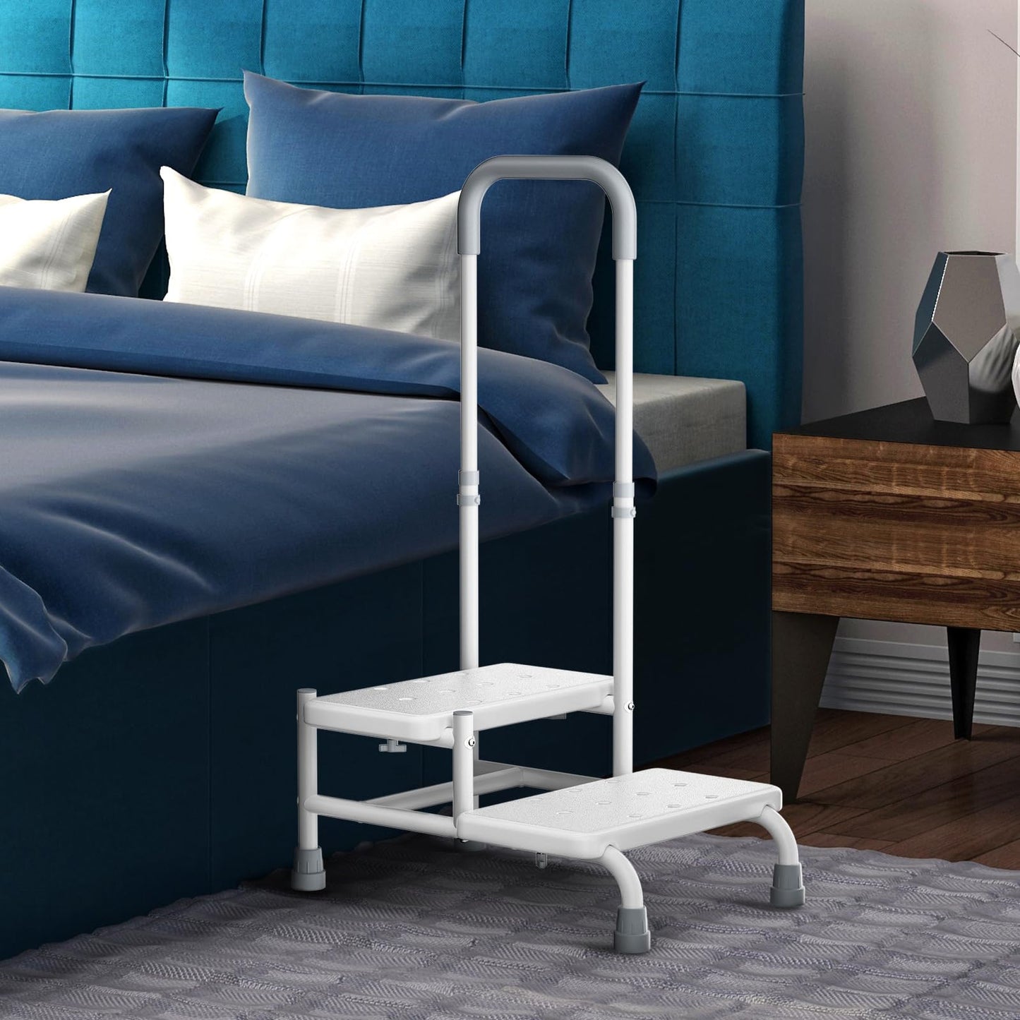 FORTEMOTUS 2 Step Stool with Handle for Elderly - Heavy Duty Bed Steps for High Beds for Adults with Adjustable Handrail &Non-Skid Platform, Foot Stool Ladder for Bedside, Kitchen, Car, RV, Bathtub