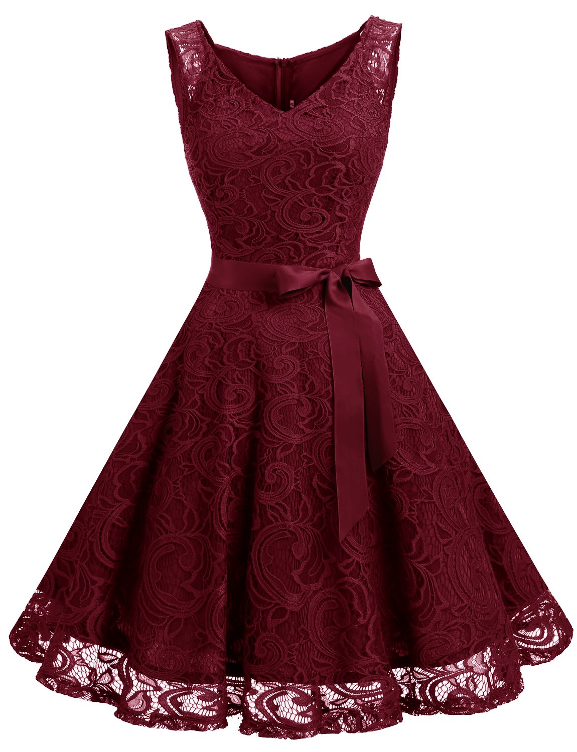 Dressystar 0010 Women Floral Lace Bridesmaid Party Dress Short Prom Dress V Neck Burgundy XXL