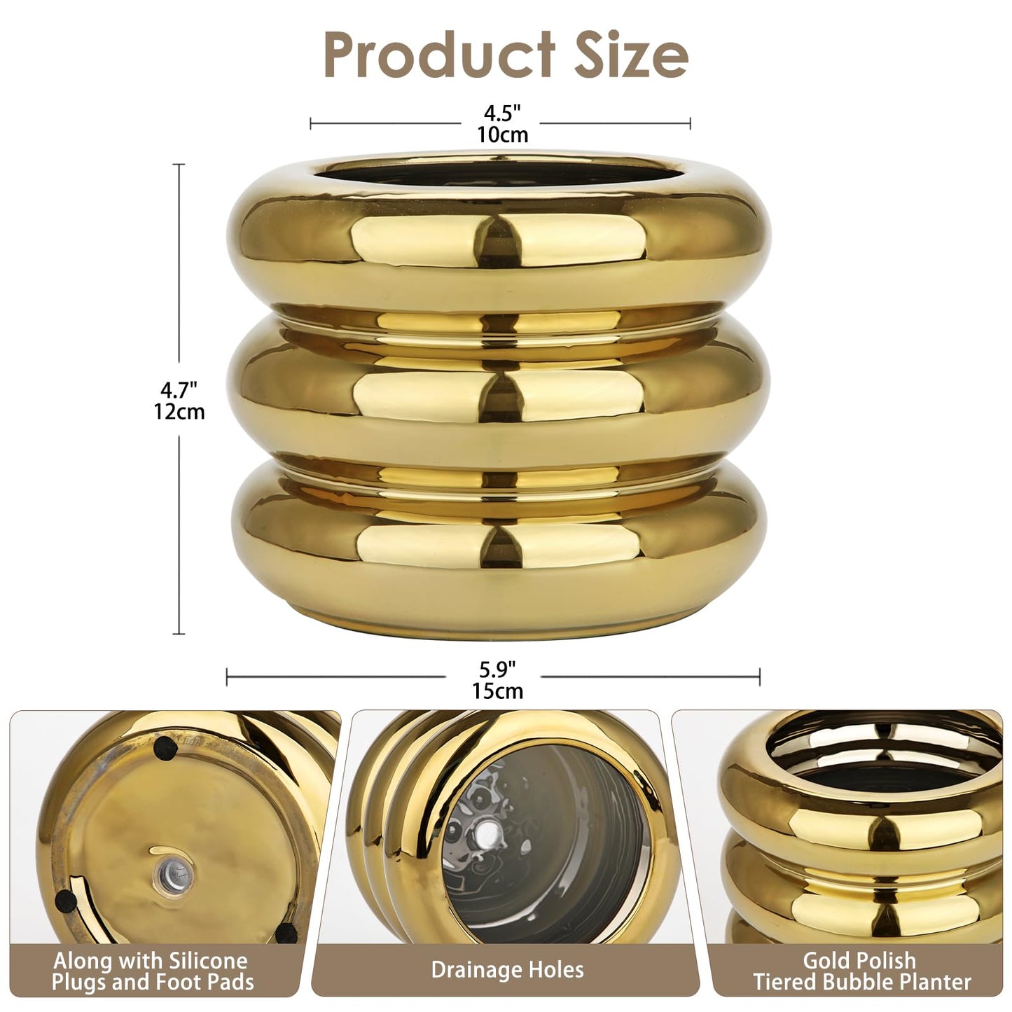 Briful Gold Ceramic Planter Pot with Drainage Hole 6in Polished Tiered Bubble Flower Planter Garden Pot for Indoor Plants Modern Home Office Decor