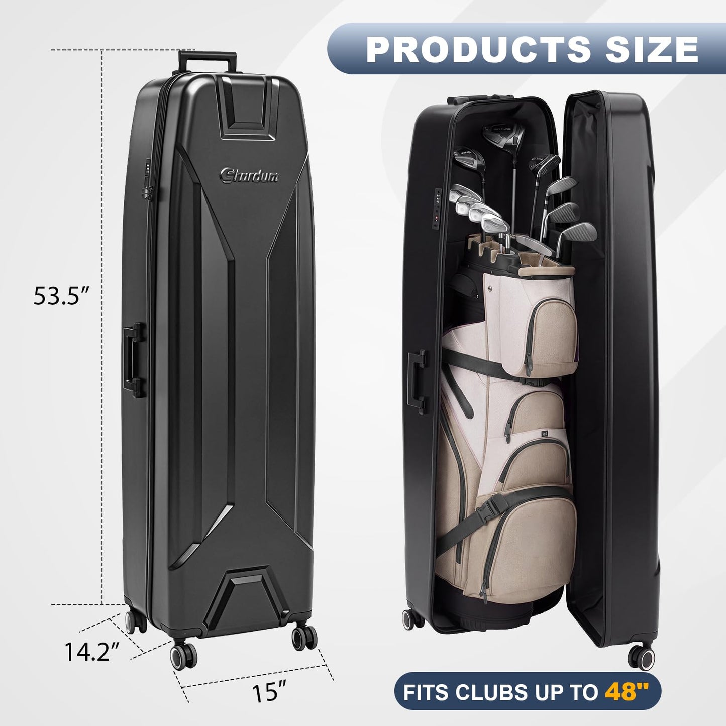 Hard Shell Golf Travel Case with TSA Lock, Heavy Duty ABS Golf Travel Bag Cover, Removable 360° Multi Directional Wheels, Fits 48" Club Bags, Impact Resistant Protective Solid Travel Case