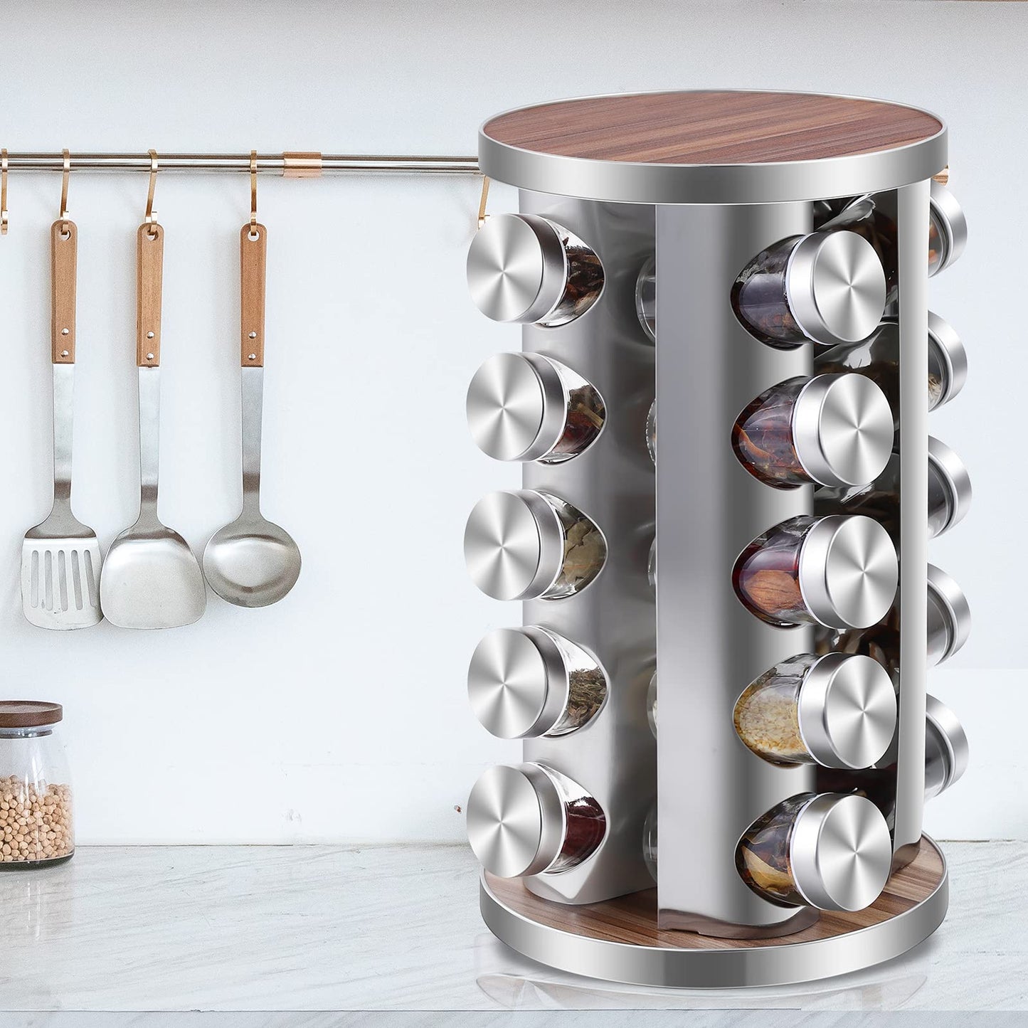 WAYDA Rotating Spice Rack Organizer, 20 Jars Revolving Seasoning Organizer for Cabinet, Stainless Steel Spice Tower for Kitchen Countertop with Reuseable Labels and Funnel
