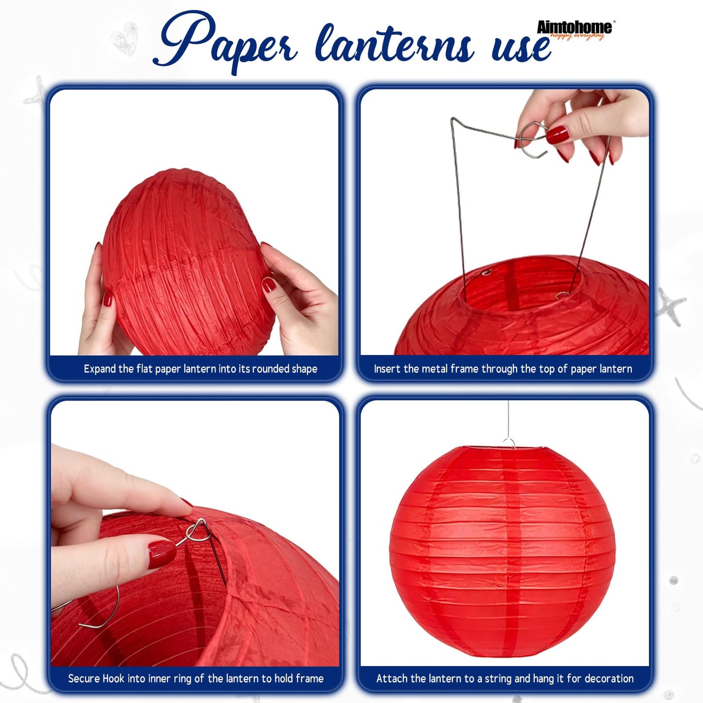AimtoHome Paper Lanterns Set (10 Pcs)- 8/10 Inch Royal Blue, Red, White, Gold & Silver Round Hanging Paper Lanterns for Wedding, Birthday, Patriotic Holiday, Party Decor, Baby Showers & Home Accents