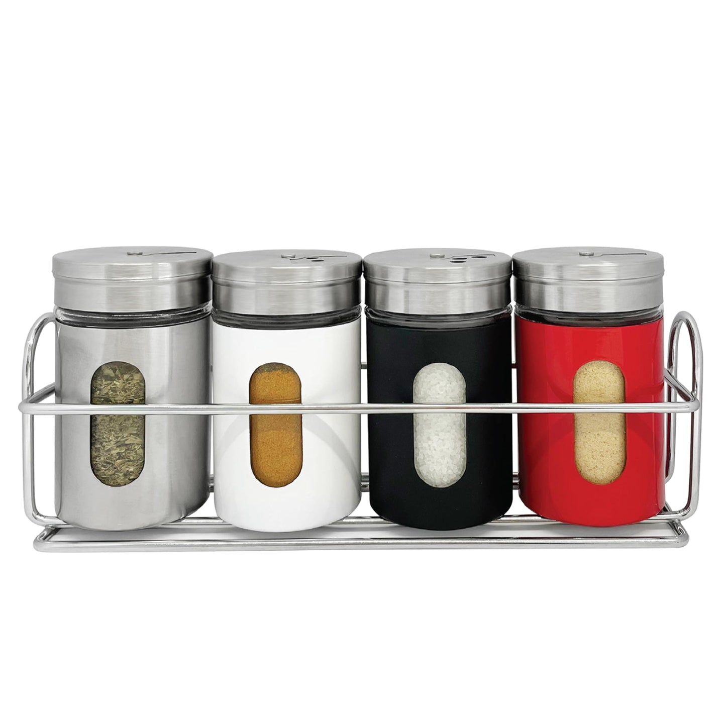 JS Gourmet 4 Pcs Stainless Steel Spice Seasoning Container Jars with Storage Rack, Perfect for Storing Spices, Salt, Pepper, Sugar and Dry Ingredients
