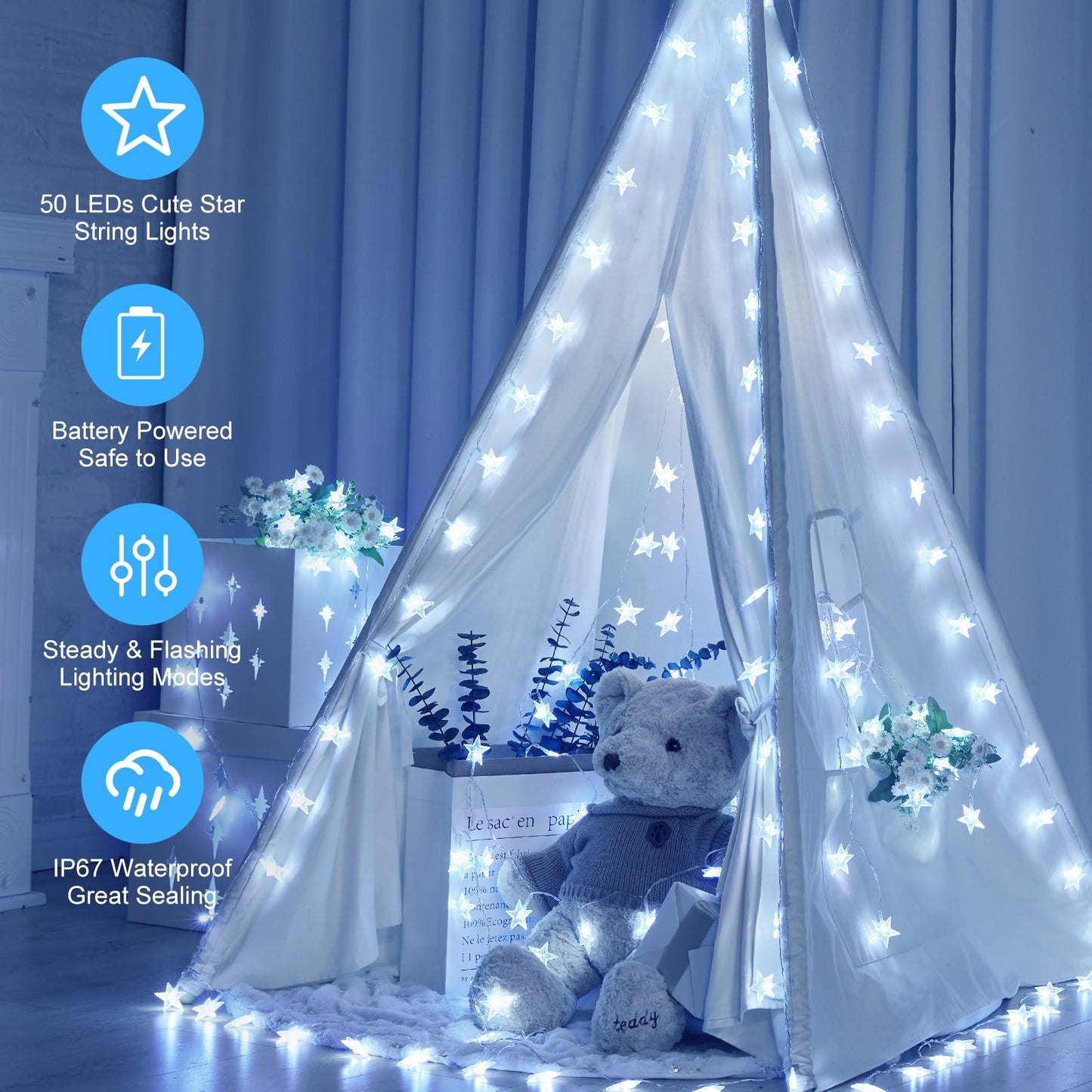 Minetom Star String Lights Battery Operated - 17 ft 50 LED Star Fairy String Lights with Timer, Waterproof for Indoor Bedroom Tent Loft Bed Patio Party Wedding Decor, White