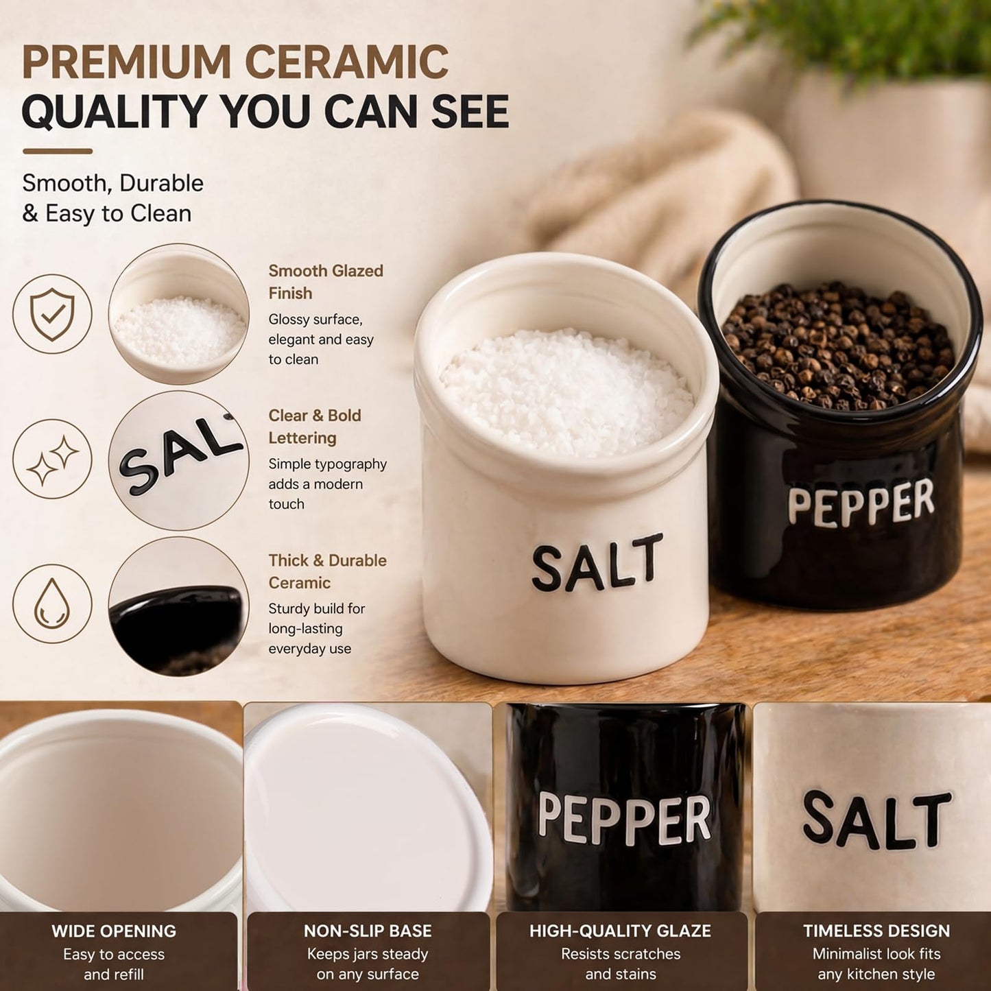 2 Pcs 12 oz Ceramic Salt Pig and Pepper Crock Wide Caliber Salt Pig Pepper Spice Jar Easy Access Containers for for One-hand Use Kitchen Countertop Spices Decor