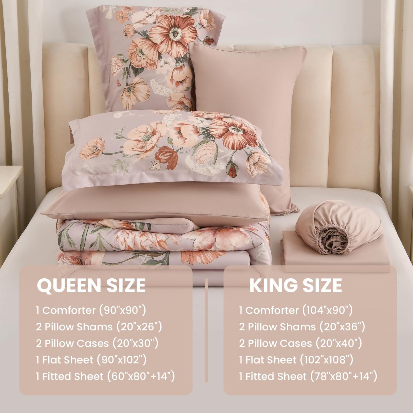 LLDSYW Queen Comforter Set - 7 Pieces Bed in a Bag Khaki Floral Queen Comforter Set with Sheets, Soft Microfiber Flower Complete Bedding Set for All Seasons（Khaki,90"x90"）